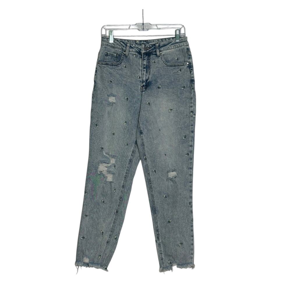 TINSELTOWN blue white yellow embroidered mom distressed jeans size 9